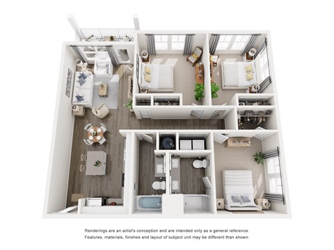 A floor plan of a small apartment with two bedrooms and a living area.